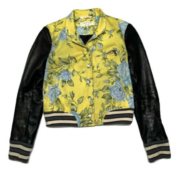 Rag & Bone Cambridge Yellow Floral Leather Sleeves Varsity Bomber Jacket Size 0 - Picture 1 of 9